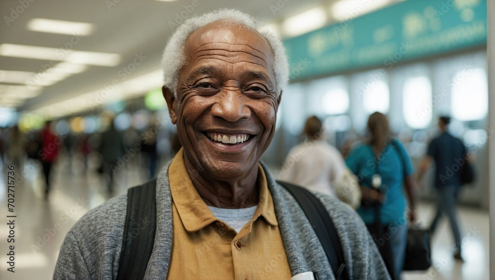 Elderly black man with a joyful smile wearing a backpack in a busy airport terminal, radiating positivity and excitement for travel. Elderly black man with a joyful smile wearing a backpack in a busy airport terminal, radiating positivity and excitement for travel.