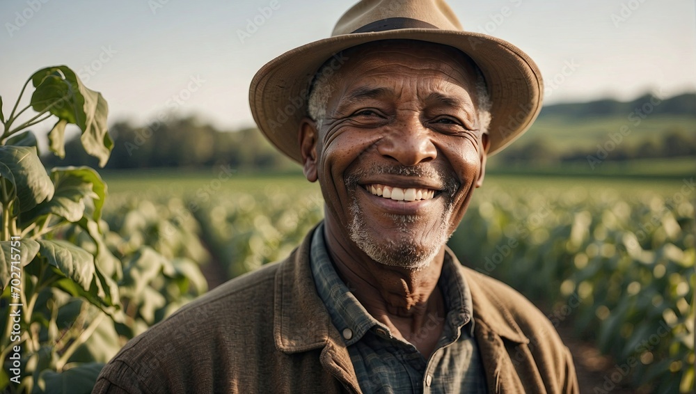 Smiling African American senior man wearing a straw hat standing in a lush cornfield.