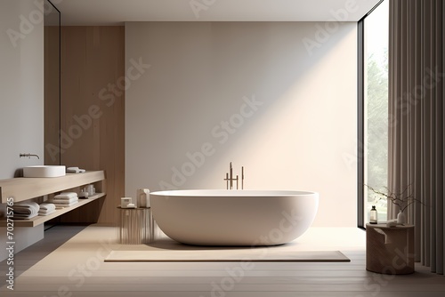 Contemporary modern classic minimalist bathroom with a freestanding bathtub  sleek fixtures  and a neutral color palette