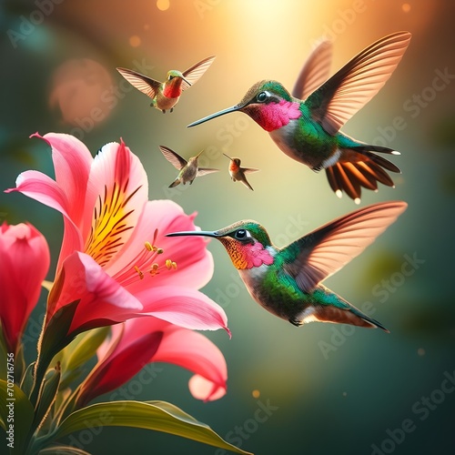 Floral Elegance in Flight: Two Fiery-throated Hummingbirds Beside a Pink Blossom in Savegre, Costa Rica. photo