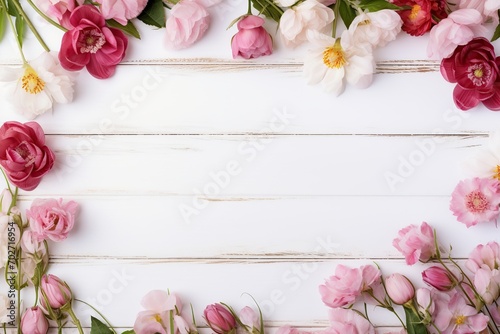 Bouquet of fresh flowers with copyspace on white wooden background