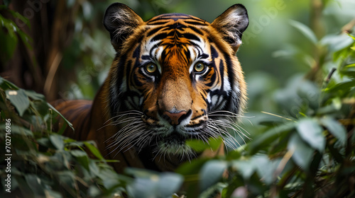 A powerful image capturing the grace and stealth of a majestic tiger stalking its prey through dense foliage, showcasing the untamed beauty of jungle life. © CanvasPixelDreams