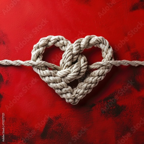 Heart-shaped rope knot against a vibrant red textured backdrop symbolizing love