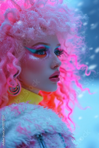 Ethereal woman with pink curly hair under vibrant neon lighting in a magical portrait