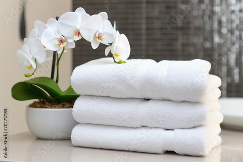 Stack of white folded towels with flowers photo