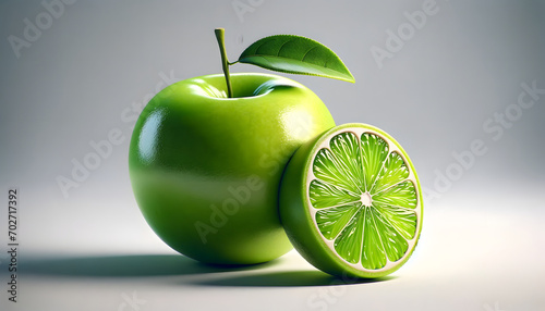 Showcasing a creative blend, this image features a fruit with the outer appearance of a glossy green apple and the inner citrus characteristics of a lime, presented on a stark white background. photo