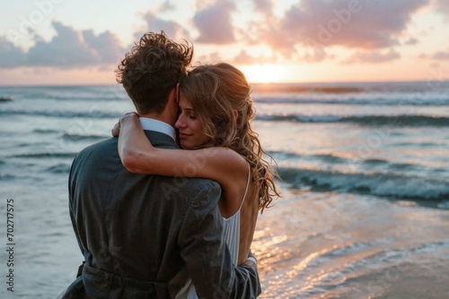 An intimate moment as a couple holds each other closely while admiring a beautiful sunrise over the ocean horizon