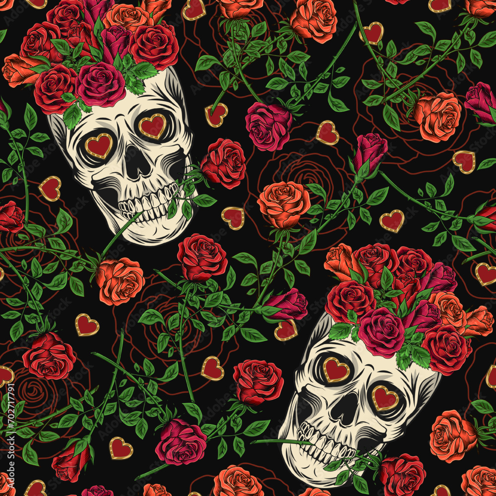 Colorful pattern with skull like cup full of roses, scattered roses with stem. Gothic love illustration. For clothing, t shirt design, engagement event, Valentines Day, gift decoration.