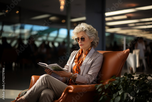 portrait of an elderly stylish woman reading a book at the airport