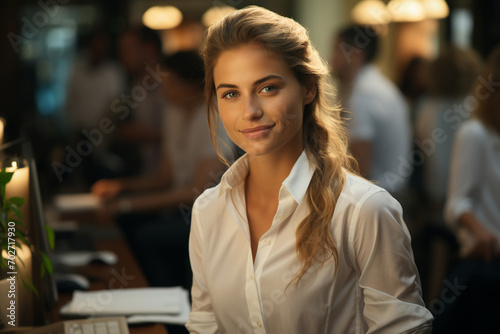 portrait of a cute woman in a white shirt in the office