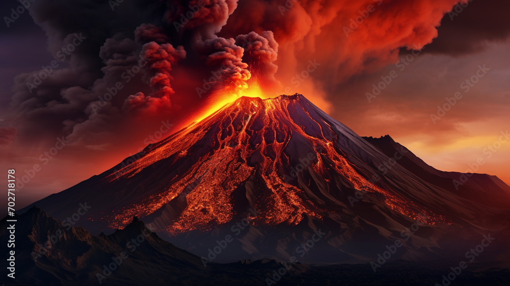 Breathtaking view of a volcano with a lava flow. - obrazy, fototapety, plakaty 