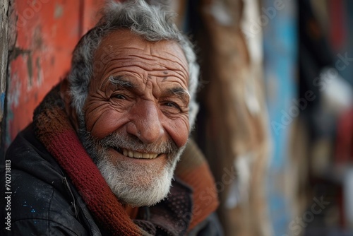 A distinguished senior citizen confidently smiles at the camera, his human face adorned with a neatly trimmed beard and moustache, wearing stylish clothing while standing on a busy street, showcasing © AiAgency