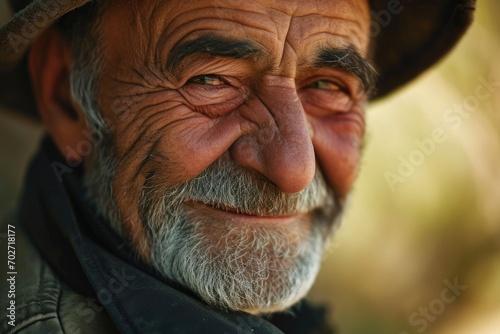 A weathered senior citizen gazes stoically at the camera, his lined forehead and rugged facial hair telling the story of a life well-lived, his hat adding a touch of character to his otherwise simple