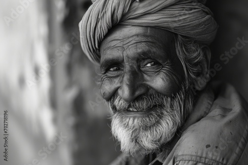 A wise man with a turban grinning, his weathered face adorned with wrinkles, exudes strength and serenity in this striking monochrome portrait captured outdoors