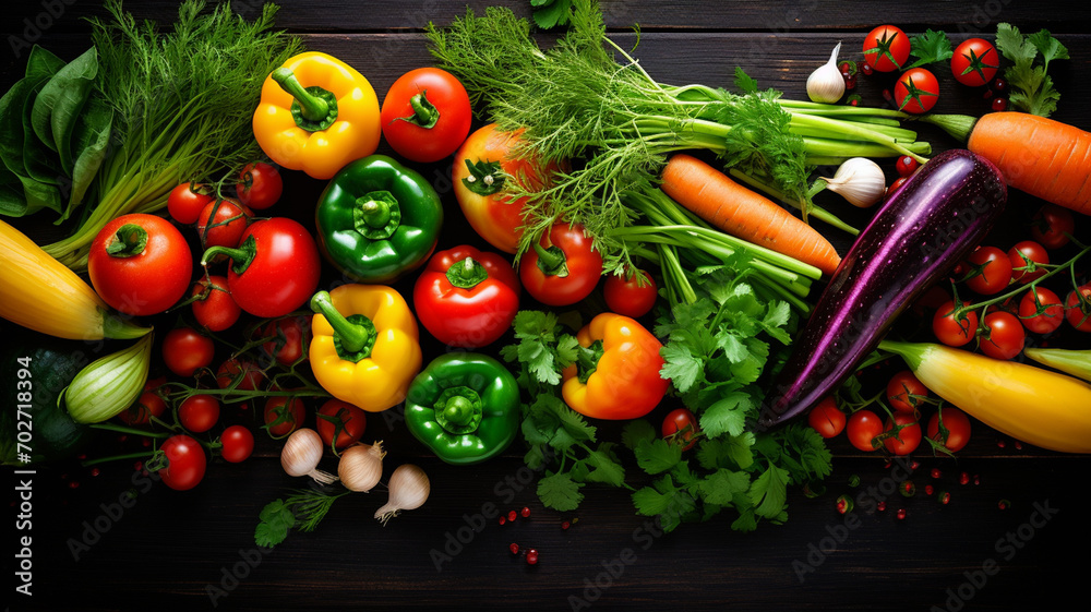 Food background with assortment of fresh organic vegetable - obrazy, fototapety, plakaty 
