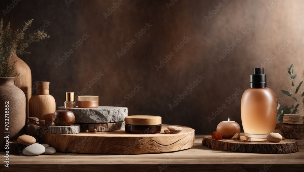 Spa still life with cosmetic products on wooden table in front of stone wall Spa still life with cosmetic products on wooden table in front of stone wall