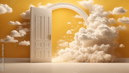 Doorway to heaven with clouds and sky 3D rendering