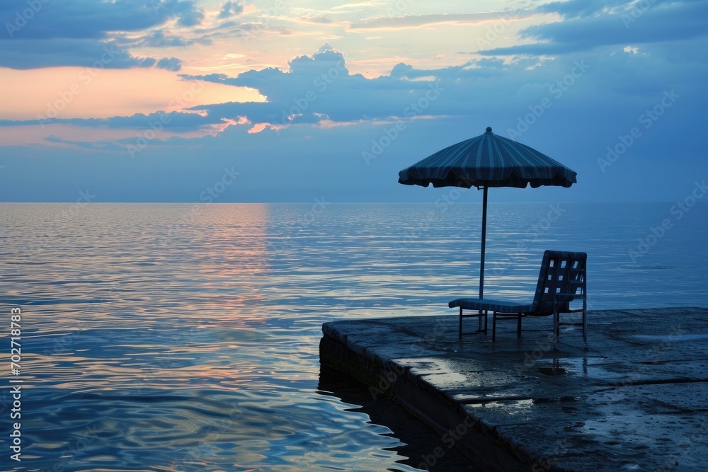 A lone chair and umbrella stand on a dock, gazing out at the serene lake as the sun sets over the ocean, creating a breathtaking landscape