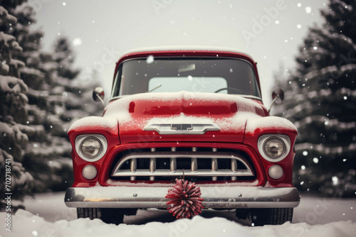 A vintage truck parked in front of a Christmas tree farm.