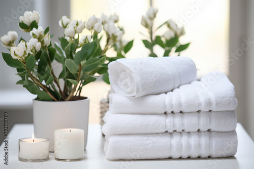 A stack of clean cotton towels on a table in the bathroom. White terry towels
