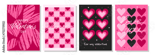 Valentine's Day greeting card set. Hand drawn trendy cartoon heart, love lettering. Vector illustration