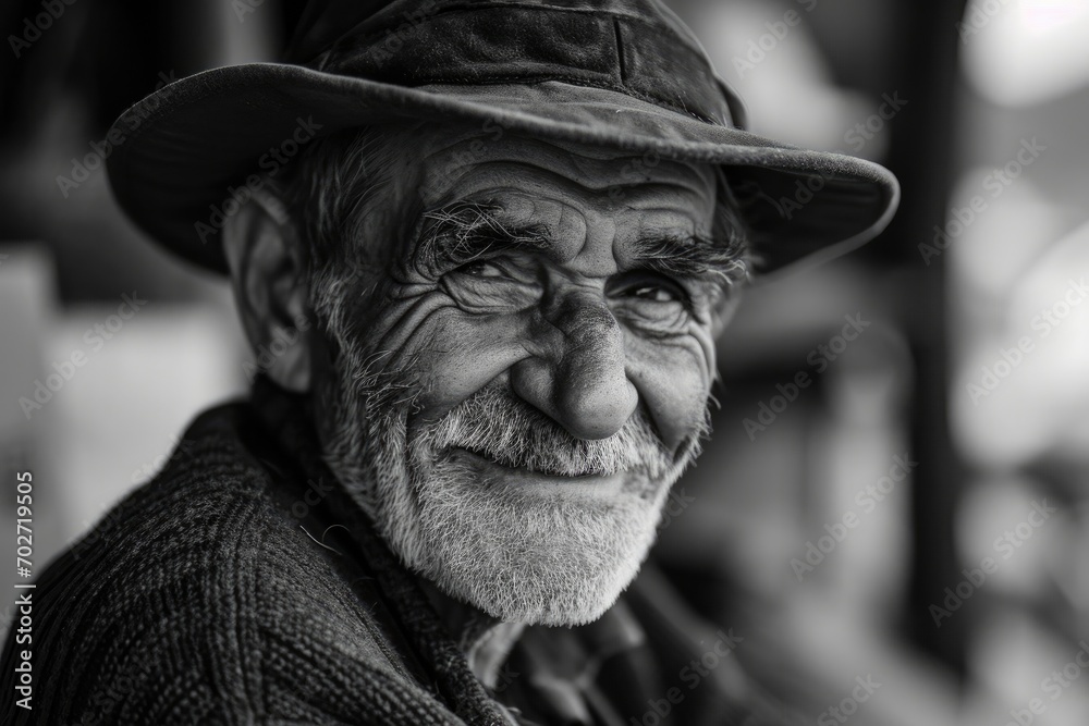 A stoic senior citizen dons a worn hat, adding character to his wrinkled face as he walks the streets, embodying the timeless style of a man who has seen it all A stoic senior citizen dons a worn hat, adding character to his wrinkled face as he walks the streets, embodying the timeless style of a man who has seen it all