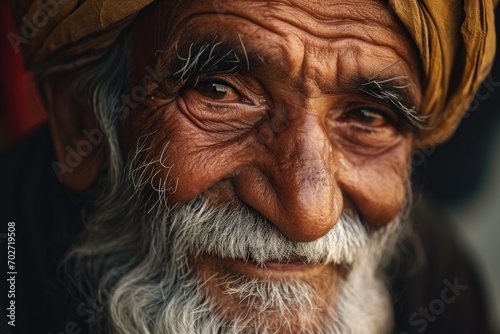 Captured in a striking portrait, a weathered man's wrinkled skin and distinguished facial hair are highlighted as he gazes thoughtfully into the distance, his turban adding an air of mystery and dept