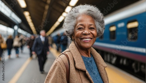 Cheerful elderly black woman on a busy train station platform, train carriages in the background.