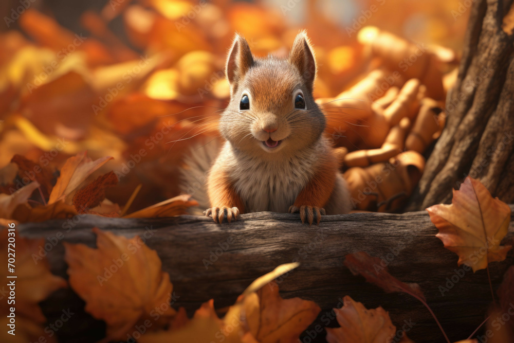 Close-up of squirrel holding acorn on autumn leaves. Close-up of squirrel holding acorn on autumn leaves.