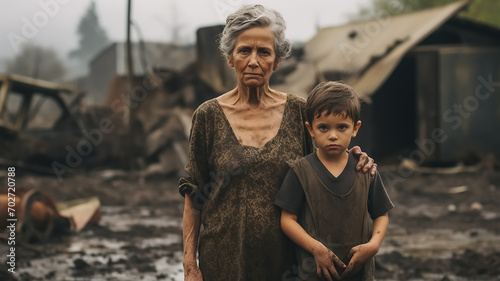 Junge und seine Oma stehen vor ihrem zerstörten Zuhause photo