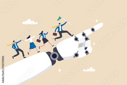 AI Artificial Intelligence help support business success, technology or innovation for new opportunity, invention for business growth concept, business people walking up on robot hand pointing up.