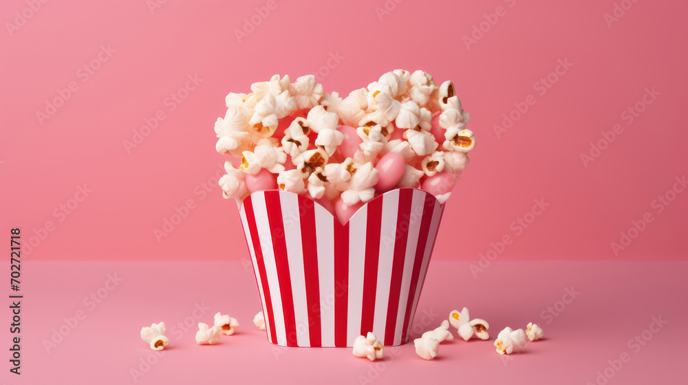 Salty Popcorn Snack: A Classic Delicious Cinema Treat on a Fresh Red and White Striped Paper Box Background.