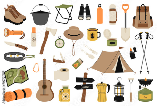 Camping and hiking set. Vector hand drawn illustration collection of outdoor recreation elements: cartoon chair, boots, tent, map, backpack, binoculars, shovel, axe, knife, frying pan, guitar, thermos