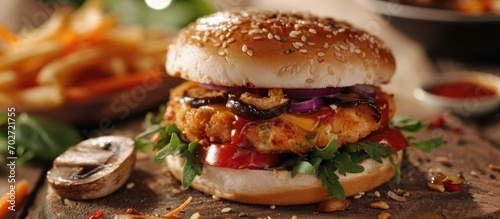 Vegan cafe menu: Quorn burger with tofu, mushrooms, and veggies in a special salad sauce, served on a baked bun.