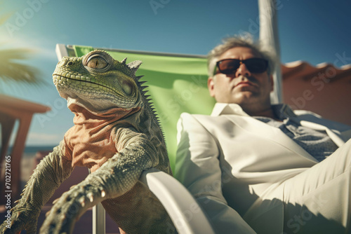 Man and iguana sunbathing by the pool photo