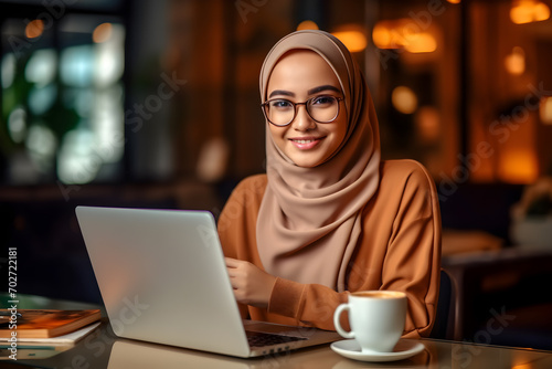 muslim businesswoman with laptop and coffee cup at night office cafe