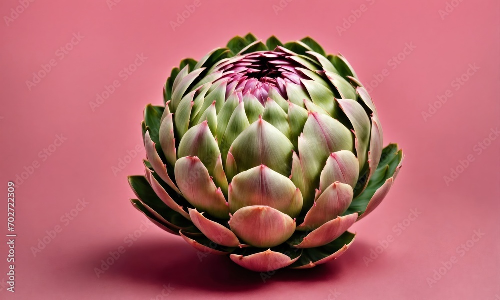 Obraz premium Green and pink colorful artichoke closeup on a pink background. Plants flat lay. Top view gardening, horticulture theme. Wide screen wallpaper. Panoramic web banner with copy space for design.