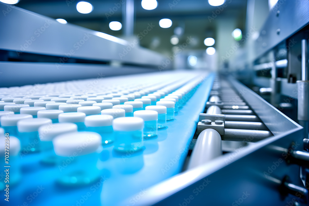 Obraz premium Conveyor belt with plastic bottles on the production line. Industrial background