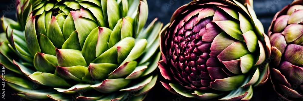 Green and pink colorful artichokes texture. Plants flat lay. Top view gardening, horticulture theme. Wide screen wallpaper. Panoramic web banner with copy space for design. Green and pink colorful artichokes texture. Plants flat lay. Top view gardening, horticulture theme. Wide screen wallpaper. Panoramic web banner with copy space for design.