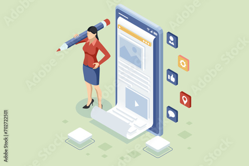 Isometric Blogger Promotion Services. Network Marketing Insights. Social media platform, online social communication applications photo