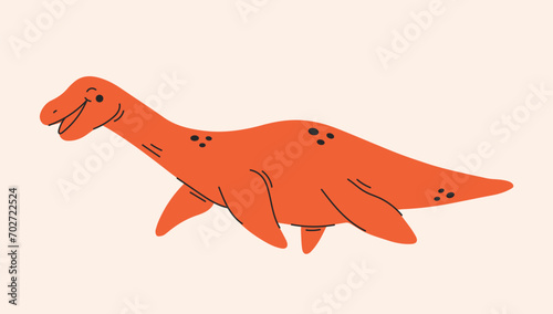 Cute cartoon dinosaur, dino, mesosaurus, plesiosaurus. Simple vector illustration isolated on white background. Baby print.