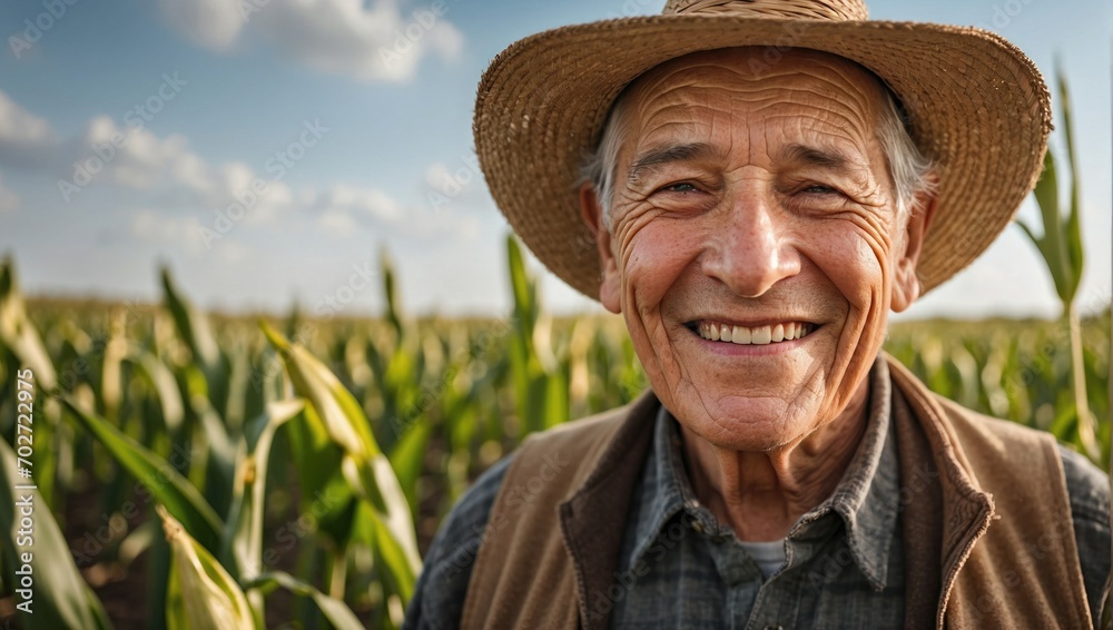 Elderly farmer with a smile holding corn in a field.