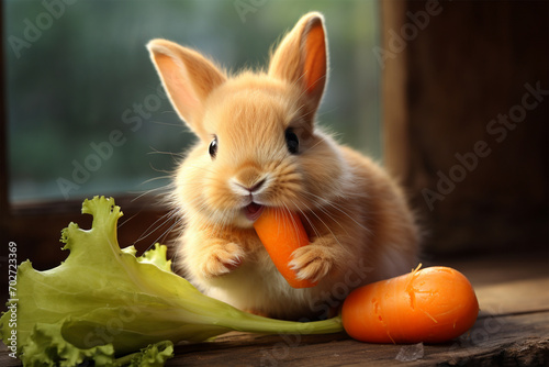 Cute bunny with lettuce and carrots