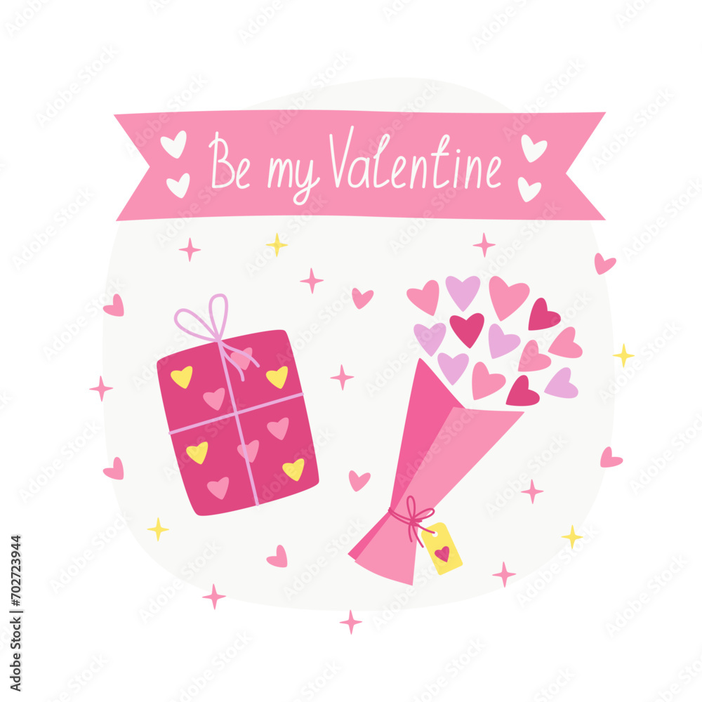 Valentine's day postcard, February 14. Vector illustrations of gift with boucket. Drawings for postcard, card, congratulations and poster. Valentine's day postcard, February 14. Vector illustrations of gift with boucket. Drawings for postcard, card, congratulations and poster.