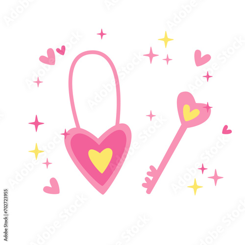 Valentine's day, February 14. Vector illustrations of lock with a key. Drawings for postcard, card, congratulations and poster.