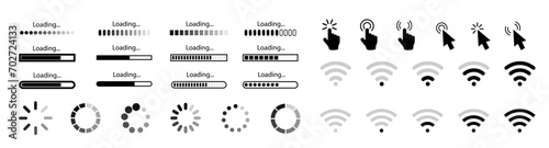 Loading bar icons. Wireless and wifi icon. Cursor. Hand clicking icon. Set loading bar progress icon. Circle loader collection. Loading status on white background. Vector illustration. photo