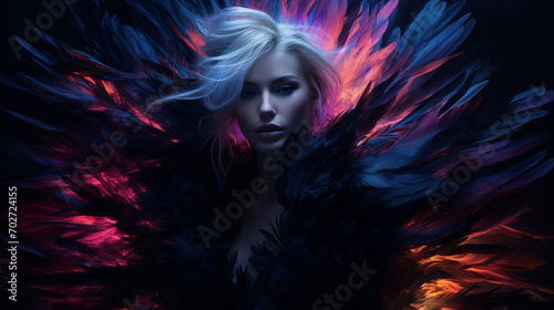 Sinnliches Portrait einer blonden Frau mit schwarzen Federn. Im Schatten. Mysteriöses Licht. Neon beleuchtet. Illustration