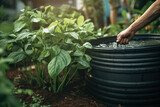 Person using a rainwater harvesting system to water plants in a garden.