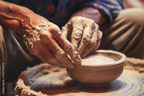 Close-up of hands molding clay into traditional pottery shapes at a pottery workshop