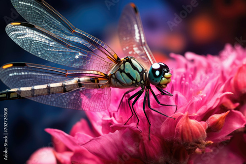 Macro shot of a dragonfly perched on a pink flower petal.